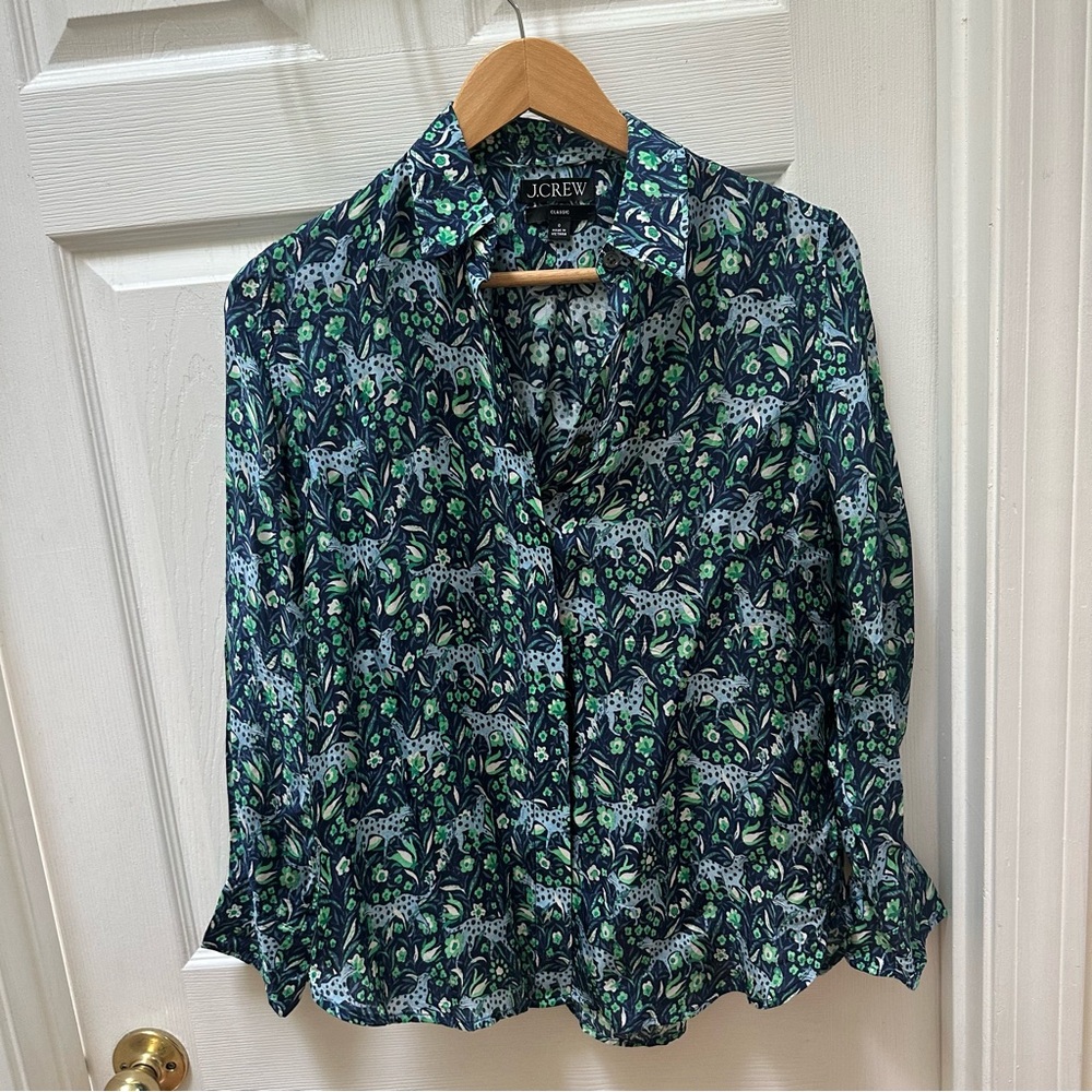 J. Crew Classic-fit shirt fauna floral Navy Button-Down Green Blue leopard 0